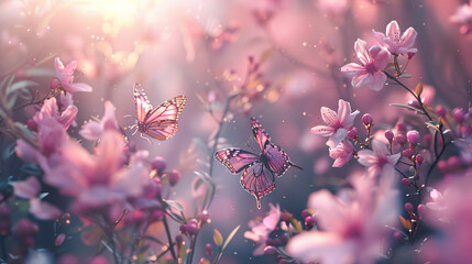 Enchanting Sakura Garden in Full Bloom, Butterflies in Delicate Flight, Sunlight Filtering Through Leafy Canopies, a Portal to a Serene and Enigmatic Realm