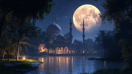 Obraz premium Dramatic nighttime scene of an Islamic mosque in a park, with the big moon lighting up the sky, creating a serene ambiance.