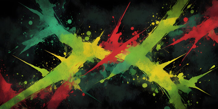 Abstract Jamaican Flag Splashes: A vibrant and energetic abstract design featuring the colors of the Jamaican flag - green, yellow, and red - splashed across a dark background.