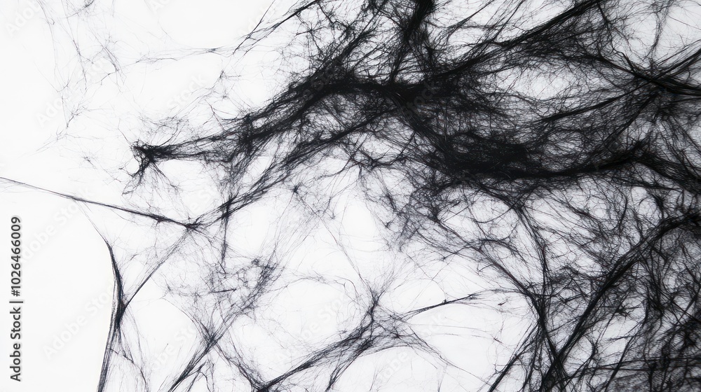 Poster close-up of a black spiderweb on a white background, showing intricate details of the delicate threa