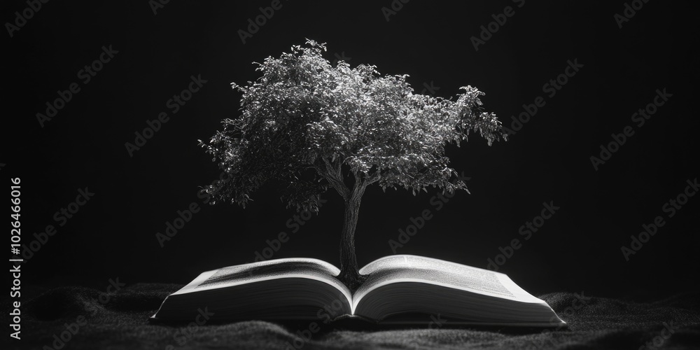 Poster a unique image of an open book with a tree growing out of its pages