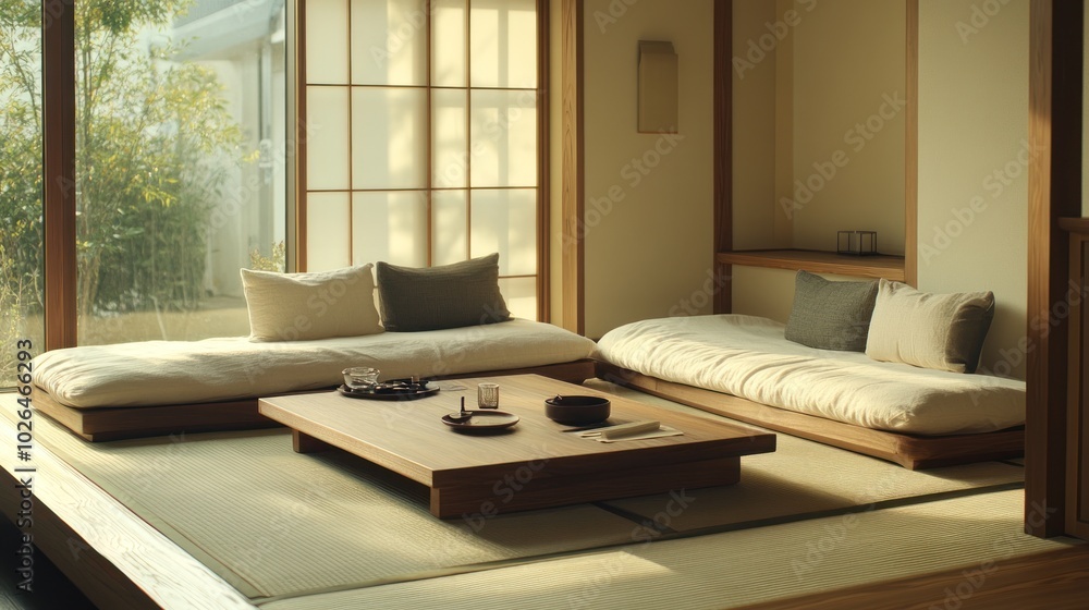 Canvas Prints A serene Japanese-style living room with low seating and natural light.