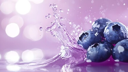 Vibrant Blueberries Splashing in Water - Refreshing Purple Background with Cool Tones and Dynamic Water Droplets