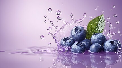 Vibrant Blueberries Splashing in Water on Purple Background - Refreshing Cool Tones with Dynamic Water Droplets and Highlights