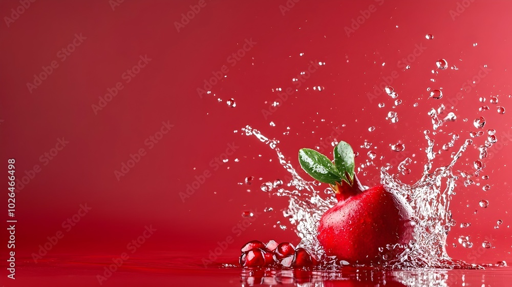 Poster dynamic pomegranate seeds splashing in water - captivating dark red background studio shot for bold 