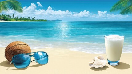 A tropical beach scene featuring sunglasses, a coconut, a shell, and a refreshing drink.