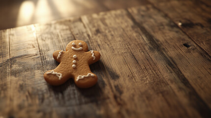 Smiling gingerbread man cookie on rustic wooden table