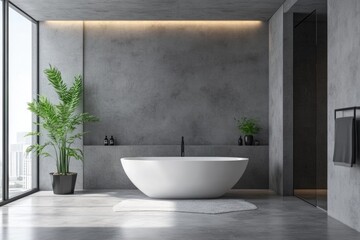 A simple bathroom scene with a white bathtub and a window