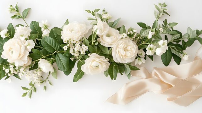 4. A feminine wedding desktop mockup featuring clusters of delicate white flowers, soft green leaves, and a flowing satin ribbon, all set against a white backdrop with empty space for customization