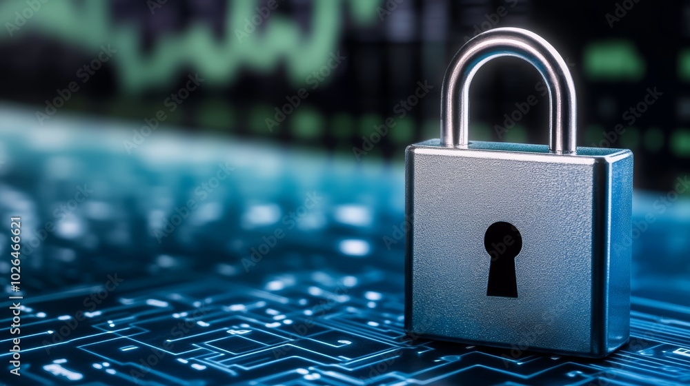 Aufkleber padlock securing a computer, visual representation of digital security and data protection