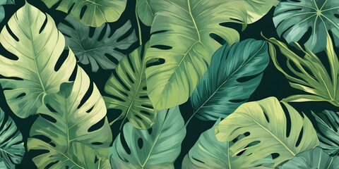 Tropical Leaf Pattern: Lush, vibrant green tropical leaves against a dark background, creating a captivating pattern for your next design project.