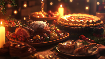 Traditional holiday feast with roasted meat, pie, and festive decor