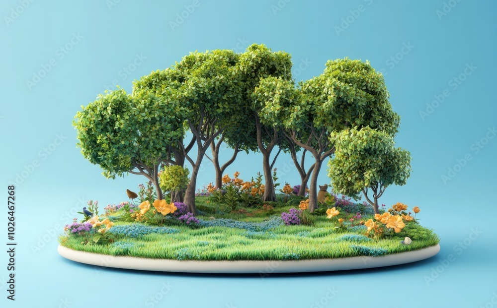 Poster A vibrant miniature forest scene with lush trees and colorful flowers on a blue background.