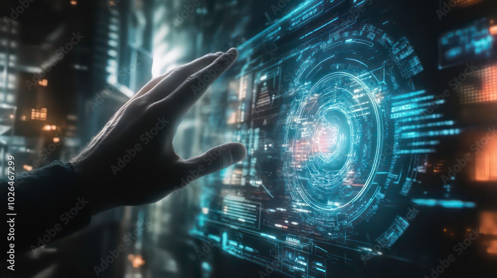 Poster a hand reaches out to touch a futuristic interface filled with data and code, suggesting a new era o