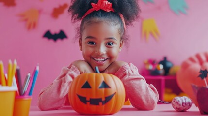 A young child sits at a table with a small pumpkin, perfect for fall or Halloween-themed photos