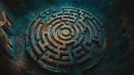 Intricate stone maze captured in an aerial view, with its winding paths creating a sense of mystery and intrigue.
