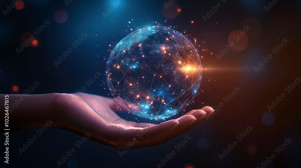 Aufkleber a hand holding a glowing orb of interconnected lines and dots, representing a network or global conn