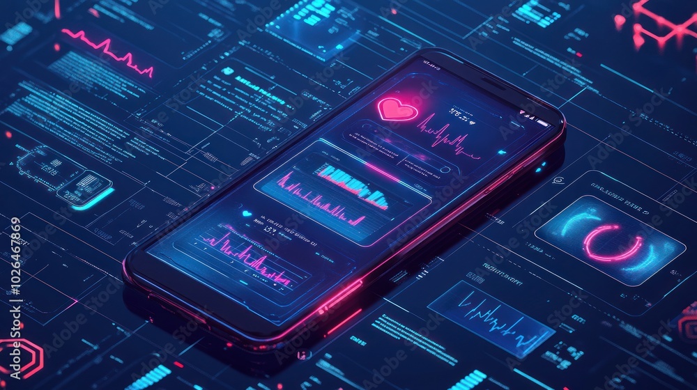 Aufkleber a smartphone displaying health monitoring data and graphs in a futuristic design.