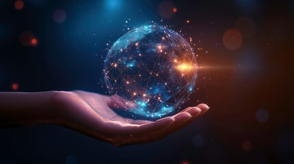 A hand holding a glowing orb of interconnected lines and dots, representing a network or global connection.