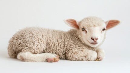 Fototapeta premium Light brown baby sheep isolated on a white background in a studio setting, showing off its soft wool and innocent expression.