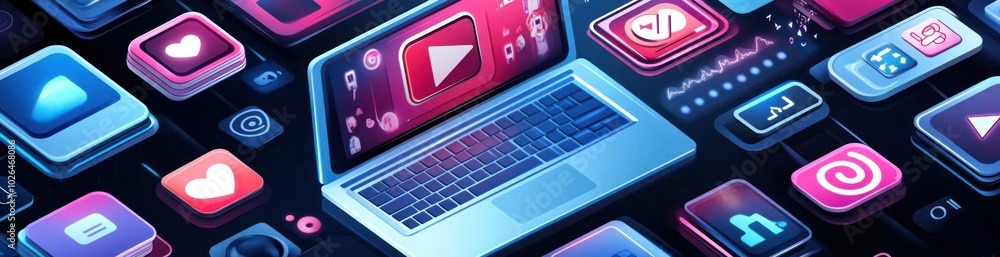 Poster a digital workspace featuring various application icons surrounding a laptop.
