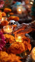 Día de los Muertos: Elderly Hand Lighting Candle on Vibrant Altar with Marigolds and Sugar Skulls
