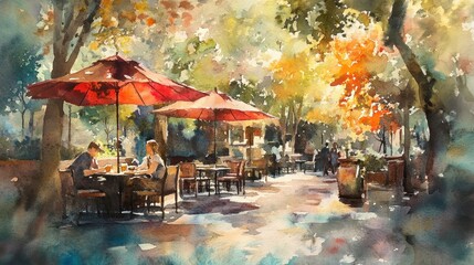 Serene outdoor cafe scene with vibrant colors