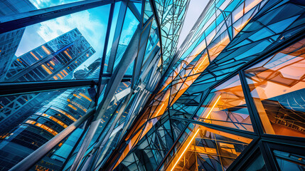 Futuristic Dynamic Architecture, Geometric Shapes, Angular Lines, Macro Lens Dusk Capture, Vibrant City Lights, Monochromatic Mystery