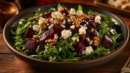 Beet and arugula winter salad with walnuts and feta cheese