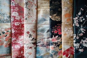 A collection of various fabrics showcased on a wall, suitable for interior design or textile-related contexts