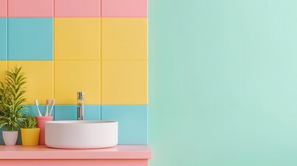 Bright kids bathroom with rainbowcolored tiles, a small sink, and open shelving, fun decor, kids bathroom