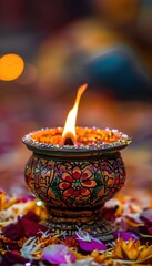 Brightly Lit Clay Oil Lamp Amidst Flower Petals for Bandi Chhor Divas Celebration