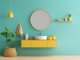 Bright kids bathroom with a cartoonthemed mirror, low sink, and childfriendly fixtures, playful design, kids bathroom decor