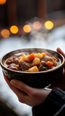 Hot beef stew bowl held in hands with a cozy backdrop
