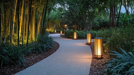 A serene pathway illuminated by lanterns, surrounded by lush greenery and bamboo.