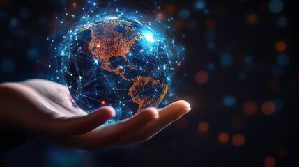 A hand holding a glowing digital globe with connected lines, representing global connectivity and technology.