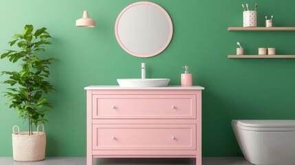 Spacious kids bathroom with pastel tones, a lowprofile vanity, and a fun mirror, functional design, modern bathroom