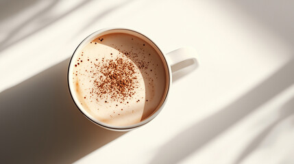 Hot chocolate with sprinkled cocoa powder in sunlight