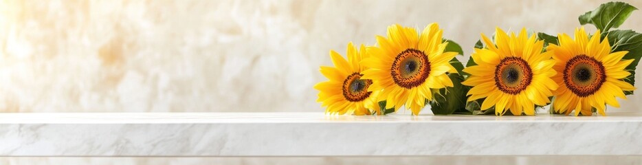 Obraz premium A vibrant display of sunflowers on a marble countertop, evoking warmth and beauty.