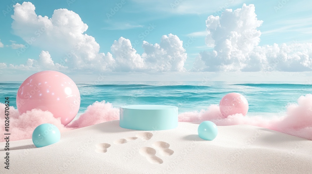 Poster A serene beach scene with pastel elements and clouds above the ocean.