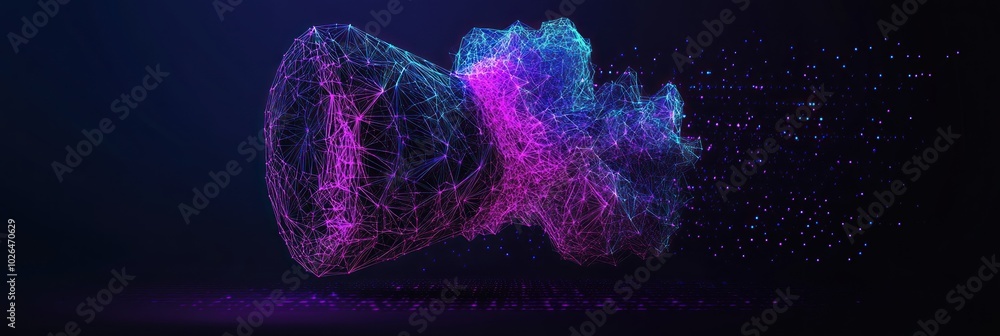 Poster abstract digital representation of a sound wave with vibrant colors and particle effects.