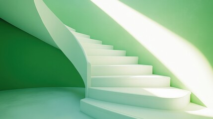 Obraz premium Side view of a simple, modern white staircase with green tones, bathed in natural light, highlighting minimalism and elegance.