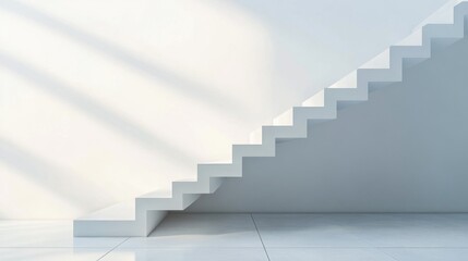 Fototapeta premium Side view of a sleek, white stairway with minimal design and a hint of green under natural light, showcasing modern architecture.