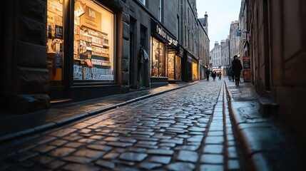 Fototapeta premium Narrow cobblestone street with illuminated shop windows and people walking in the evening ambiance.