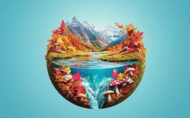 A vibrant, circular landscape featuring autumn foliage, mountains, and a flowing waterfall.