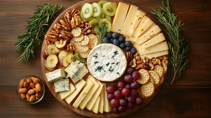 Fototapeta premium Gourmet cheese platter with fruits, nuts, and crackers on wooden board