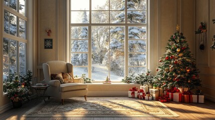 A cozy living room with a large window overlooking a snowy landscape