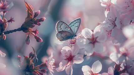 Enchanting Sakura Garden in Full Bloom, Butterflies in Delicate Flight, Sunlight Filtering Through Leafy Canopies, a Portal to a Serene and Enigmatic Realm