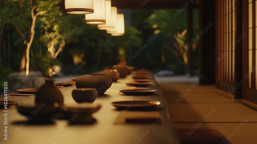 Aufkleber a serene dining setup with pottery and plates, illuminated by soft lighting in a tranquil setting.