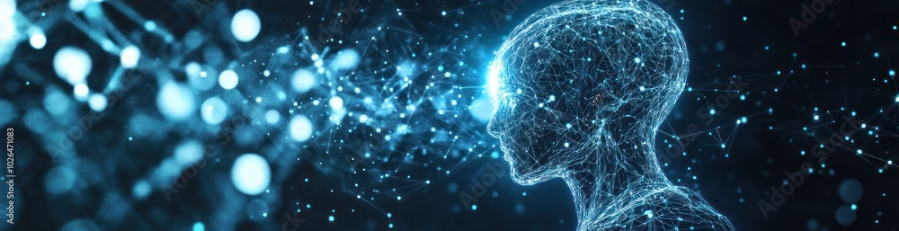 Poster a digital representation of a human profile with glowing neural connections and particles.
